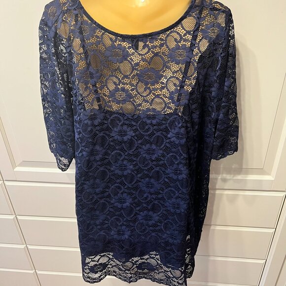 ELLOS Navy Side-Stripe Elbow-Length Lace Tunic‎ Tee w/Camisole (Plus 1X) - Picture 5 of 11